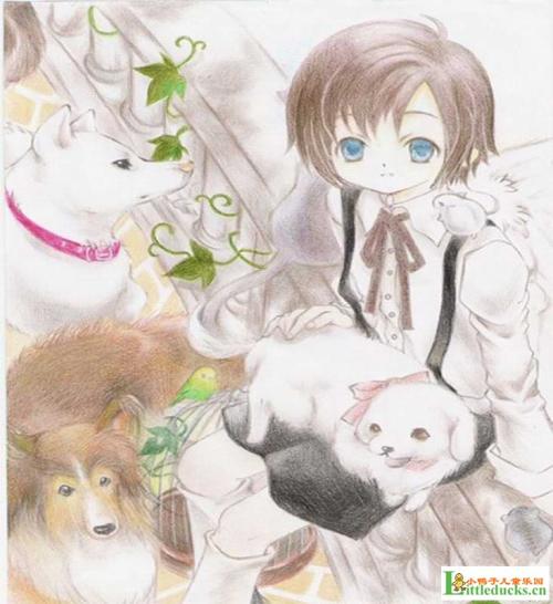 卡通人物彩色铅笔画-蓝眼睛的小女孩
