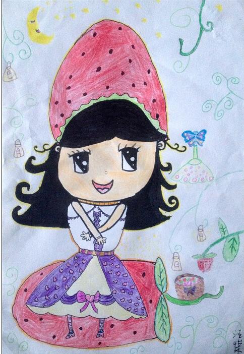 幼儿蜡笔画图片大全-儿童画动漫害羞的小女生
