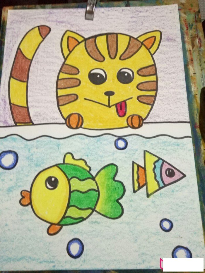 偷吃鱼的猫，可爱的儿童画图片