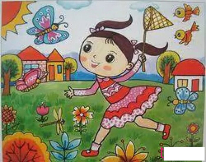 草坪上嬉戏的女孩，抓蝴蝶的女孩儿童画