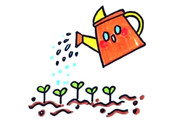 给土地里的树苗浇水简笔画
