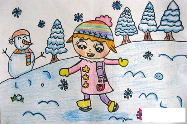 漂亮的儿童画图片，滑冰的小女孩