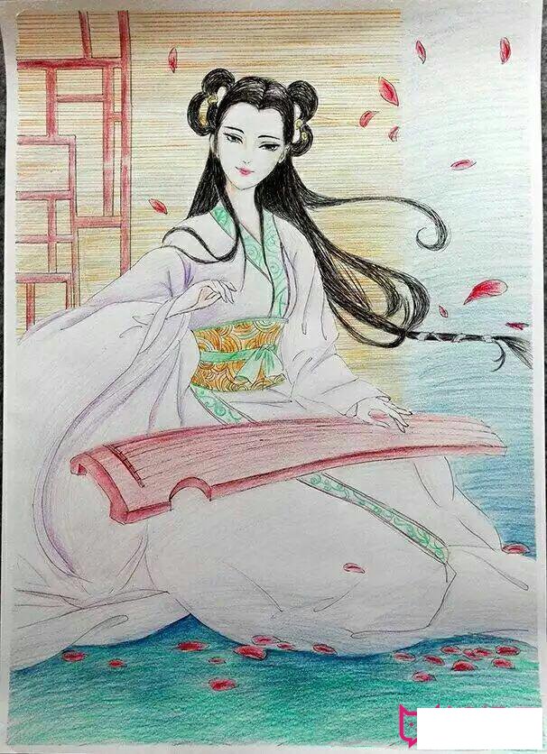 漂亮的古风儿童画图片，弹古琴的女子