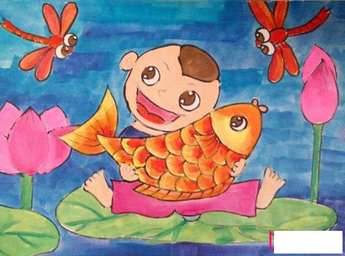 好看的儿童画画图片，童子抱鲤鱼