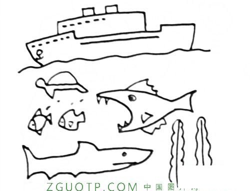 儿童简笔画：轮船 大海 鱼