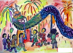 2017年春节的儿童画，大家一起舞龙狮