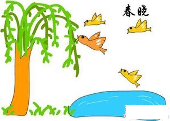 幼儿简笔画：池塘边的柳树小鸟飞