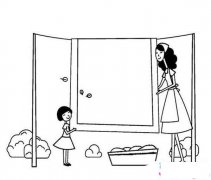 3.8妇女节情景简笔画图片：我帮妈妈晒被子