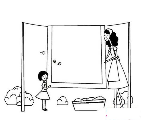 3.8妇女节情景简笔画图片：我帮妈妈晒被子