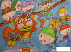 2017年鸡年春节儿童画，舞狮迎新春