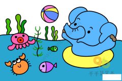 小象学游泳简笔画 亲子情景涂色画