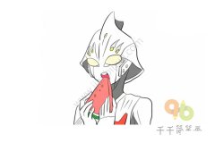 正在吃西瓜的奈克瑟斯奥特曼儿童亲子简笔画