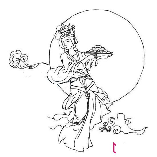 中秋节月饼简笔画，端着月饼的嫦娥