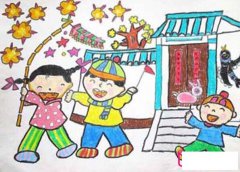 彩色主题，小孩过年放鞭炮简笔画