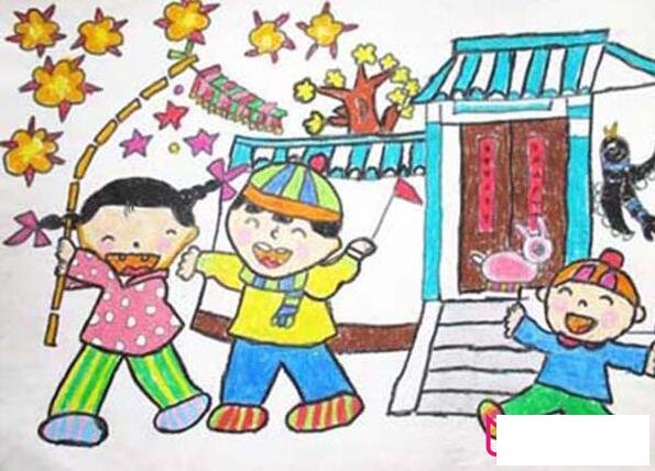 彩色主题，小孩过年放鞭炮简笔画