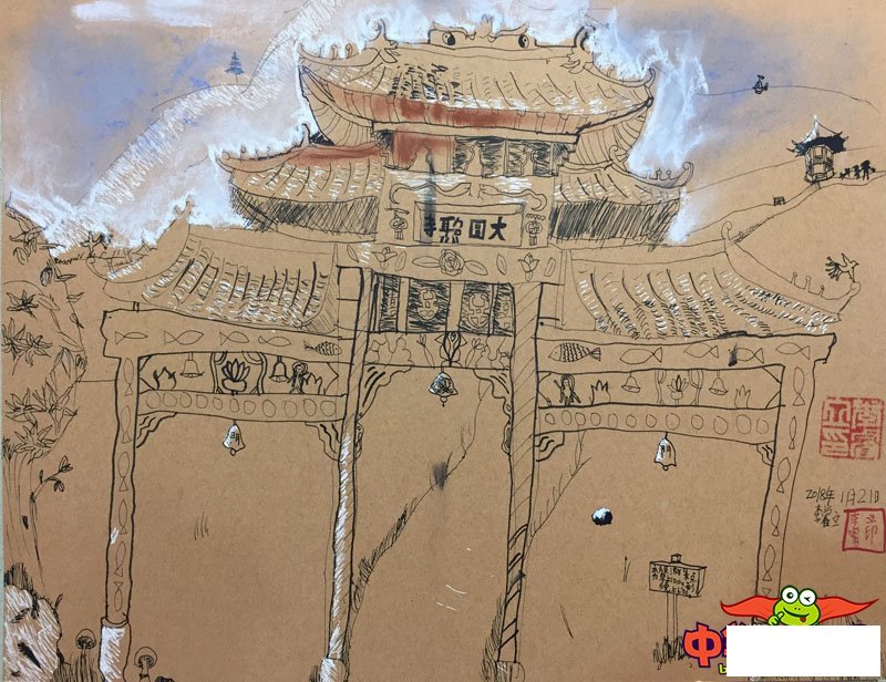 儿童美术画画图片大全，古老的寺院