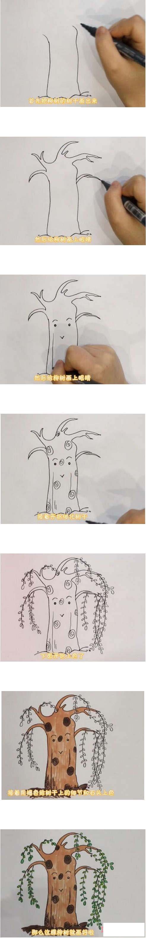 教你一步一步画彩色柳树简笔画手绘简单漂亮