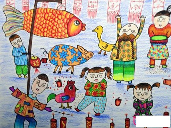 2017年春节的图片儿童画，新的一年年年有余