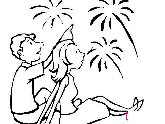 美丽的烟花简笔画，夜空中烟花下的情侣