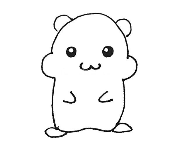 第四步：再给仓鼠画上椭圆形的脚和在中间画上小手。