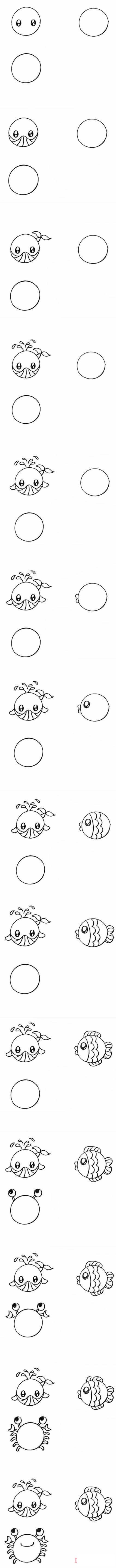 怎么画螃蟹小鱼鲸鱼涂色简笔画步骤教程简单