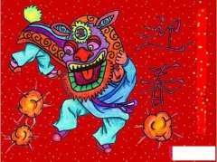 2017年迎春节儿童画，舞狮迎春