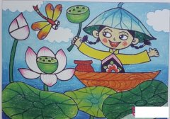 采莲藕的小姑娘儿童画，好看的儿童画图片