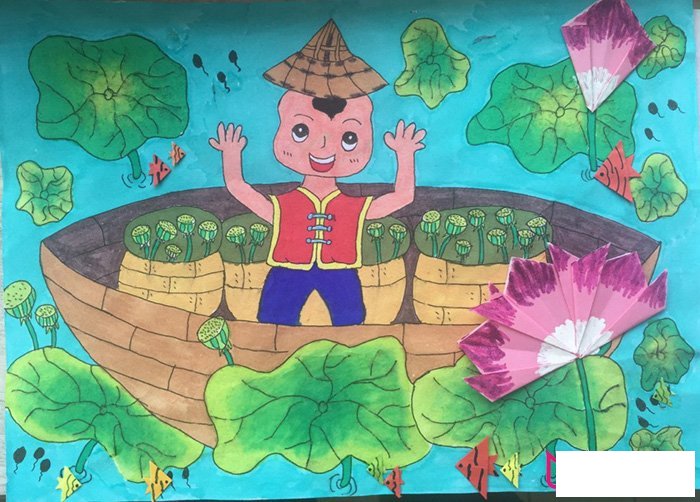 采莲藕的男孩，好看的小学生儿童画图片