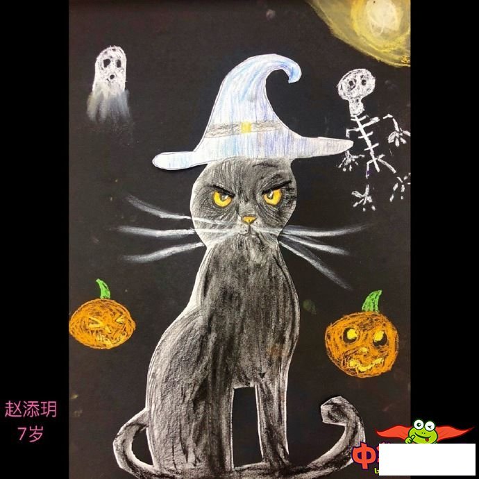 万圣节幼儿美术作品图片，彩铅画黑猫