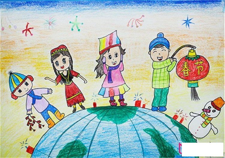 五十六民族迎接新年儿童画，普天同庆