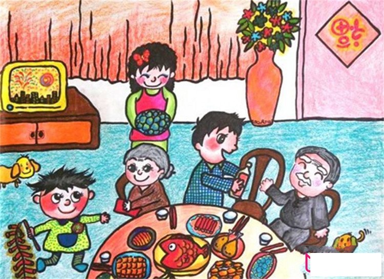 以新年为主题的儿童画，团圆饭团团圆圆
