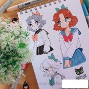 一组可爱少女动漫风简笔画