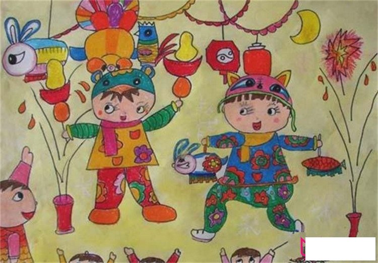 放鞭炮的小孩过年儿童画，儿童画图片大全