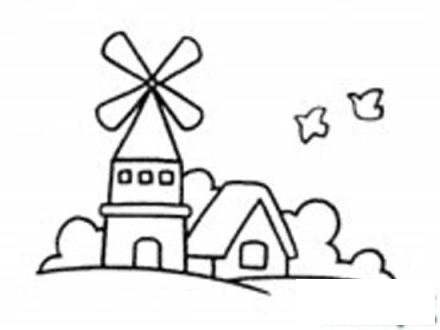 小学生风景简笔画:风车城堡