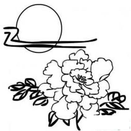 小学生中秋节简笔画图片：牡丹满月下