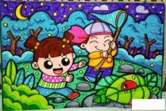 月光下抓昆虫的小孩，漂亮的儿童画图片