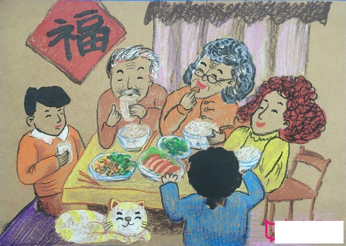 2018年过年儿童画图片，团圆饭