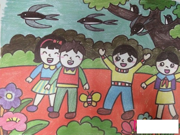 春天郊游的小孩子们，踏春儿童画