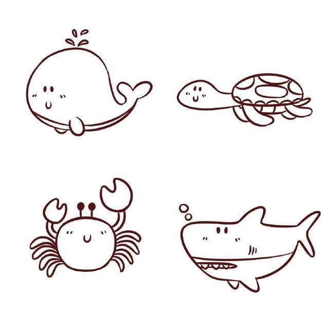海底世界卡通鲸鱼乌龟螃蟹鲨鱼简笔画