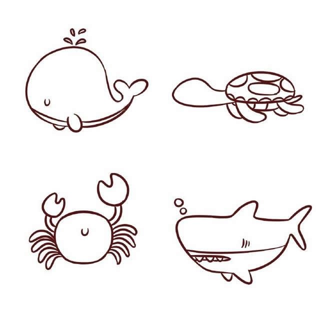海底世界卡通鲸鱼乌龟螃蟹鲨鱼简笔画