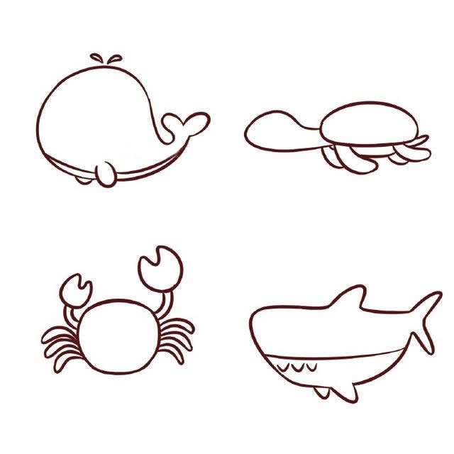 海底世界卡通鲸鱼乌龟螃蟹鲨鱼简笔画