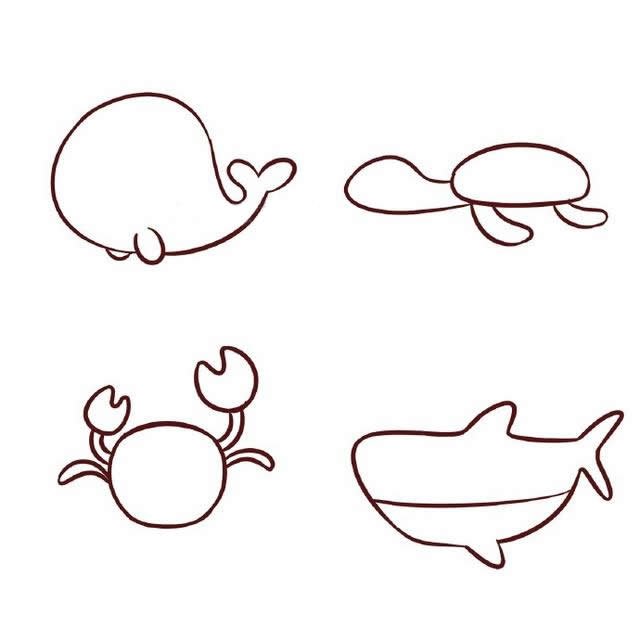 海底世界卡通鲸鱼乌龟螃蟹鲨鱼简笔画