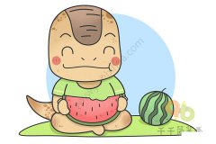 Q版吃西瓜的阿贝力龙简笔画 夏日必备西瓜了解一
