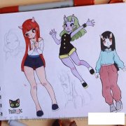 一组美少女动漫风简笔画