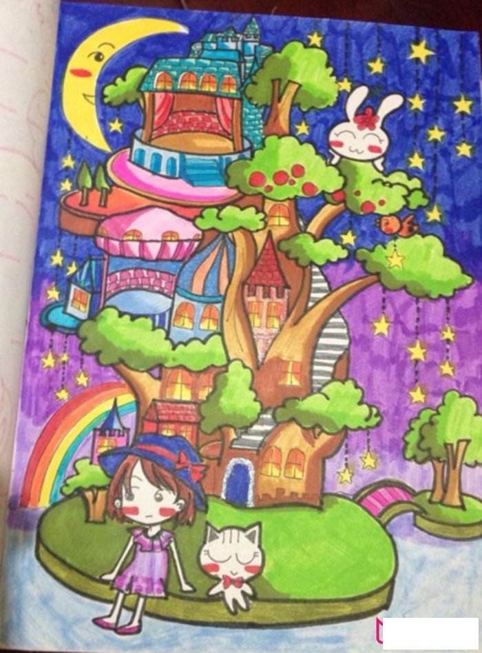 月光下的树木城堡，好看的儿童画图片