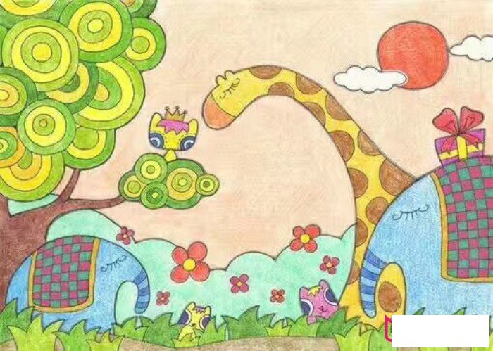 动物儿童画，和谐相处的动物儿童画图片