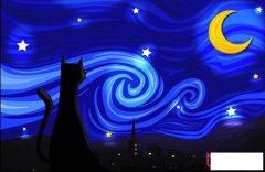 星空下的猫，好看的夜景儿童画图片