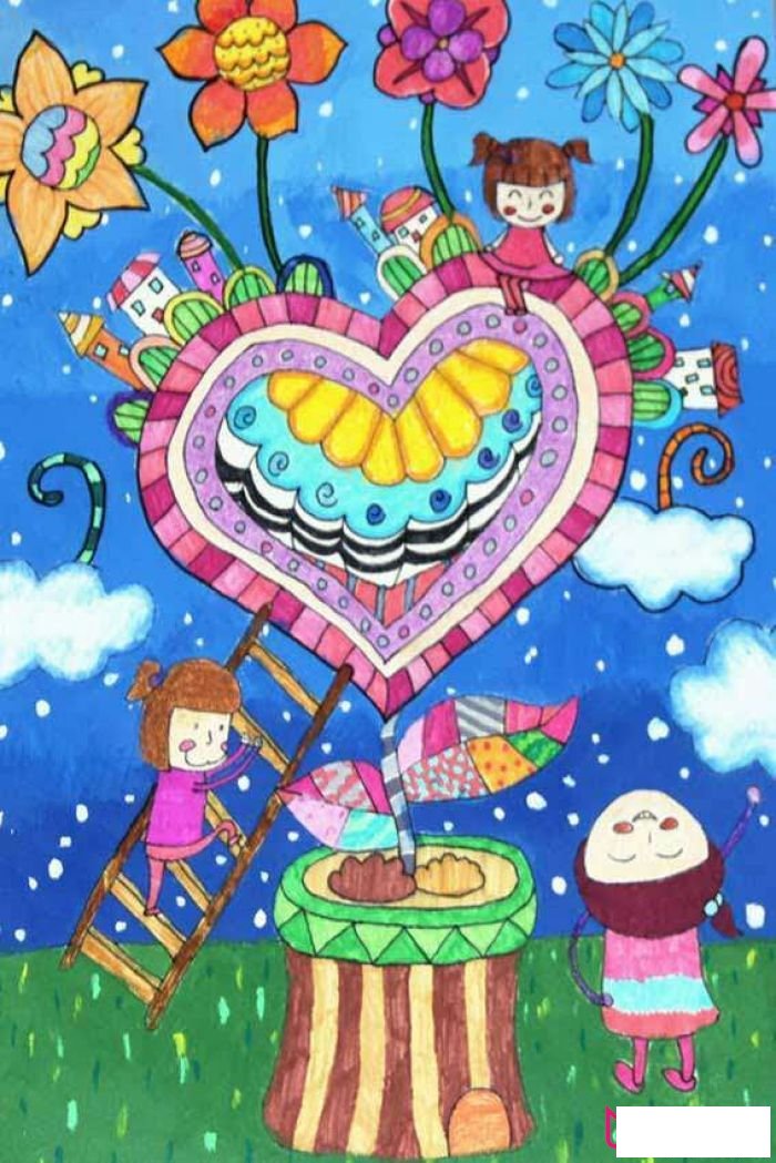 小女孩儿童画，花朵世界儿童画图片
