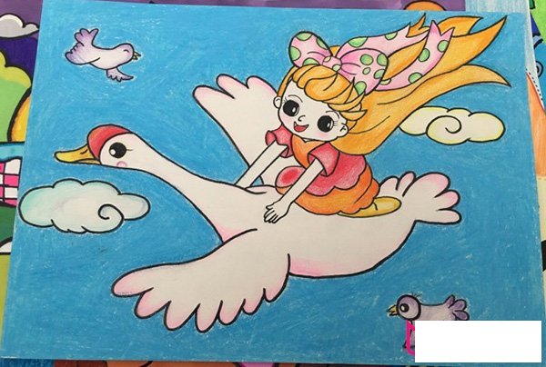 儿童画图片，天鹅与女孩儿童画