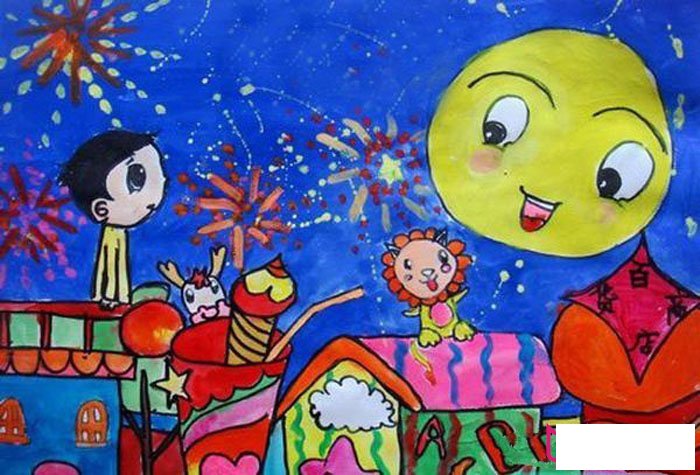 过年儿童画获奖作品，春节放烟花